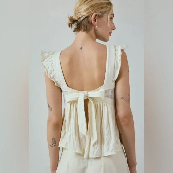 Urban Outfitters UO Kimchi Blue Olive Bow Tie-Back Babydoll Blouse Ivory - Picture 2 of 3